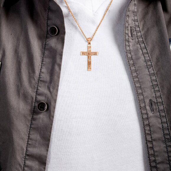 Solid 10k Rose Gold Crucifix Pendant - Religious Jewelry Gifts for Men - Picture 2 of 5